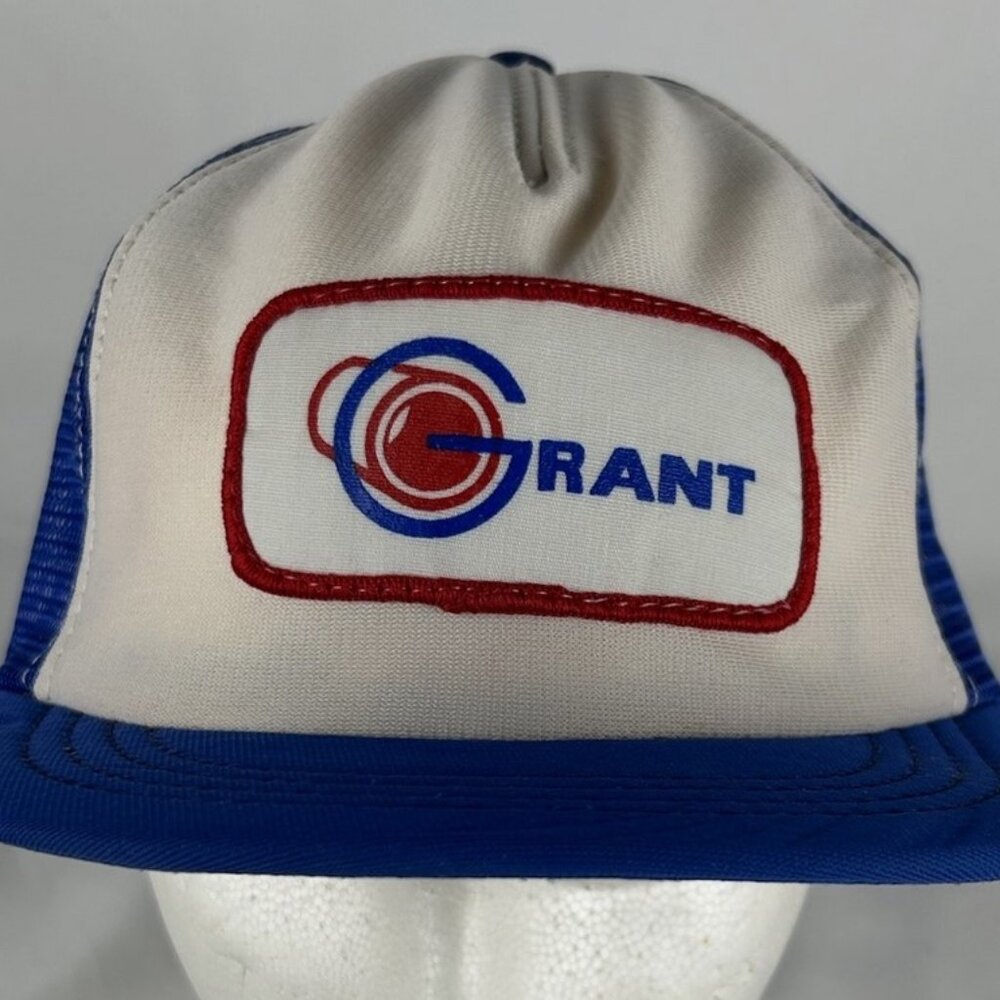 Vintage Grant Oil Gas Blue White Mesh Snapback Trucker Hat Cap Patch